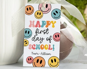 Retro Back to School Tag Template, Happy First Day of School Tag Printable, Editable First Day of School Gift Tag Groovy, Instant Download