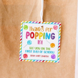 Back to School Lollipop Tag, Thanks for Popping In Gift Tags, Lollipop Holder, Meet the Teacher, First Day Digital Editable Instant Download