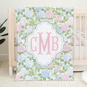Personalized Hydrangea Blanket, Custom Floral Blanket Baby Gift, Blue Pink Floral Crib Bedding Girl, Monogram Baby Blanket, Preppy Nursery