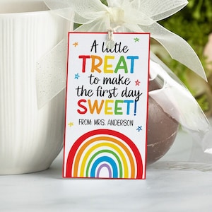 Een kleine traktatie om de eerste dag Sweet Tag te maken, bewerkbare Back to School Treat Tags, afdrukbare eerste schooldag Gift Tag, Rainbow Gift Tag