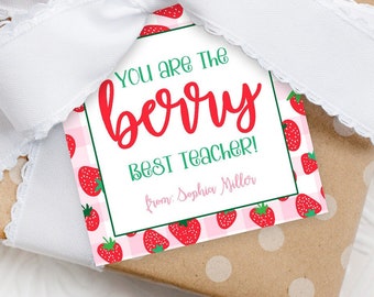 Berry beste leraar waardering tags afdrukbare, aardbei waardering cadeau tag, bewerkbare dank u tag leraar dank u cadeau tag sjabloon