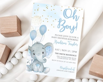 Elephant Baby Shower Invitation Boy, Baby Boy Shower Invite, Blue Balloon Baby Shower Invite, Oh Boy Baby Shower Editable Invitation PRINTED