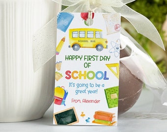 Happy First Day of School Tag, Printable Back to School Label, Kids Classroom School Gift Tag, Teacher Back to School Tags Editable Download