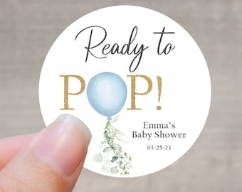 Ready To Pop Stickers, Boy Baby Shower Favor Labels, Personalized Favor Label, Blue Balloon Baby Shower Labels, Popcorn Favor Tags BBS1