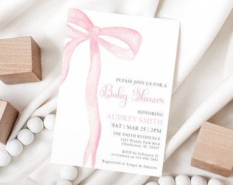 Editable Pink Bow Baby Shower Invitation, Pink Girl Baby Shower Invitation Template, Baby Girl Shower, Girl Baby Sprinkle Invite Digital PB1