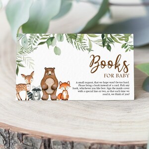 Livres pour carte de bébé, verdure Woodland Baby Shower demande de livre, Forest Woodland Animals Baby Shower Boy, apportez une carte de livre, imprimable, WS1