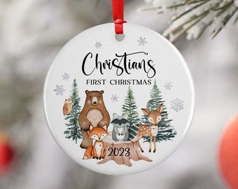 Woodland Baby Primer adorno navideño, 1er adorno navideño del bebé, Adorno navideño personalizado para bebés, Adorno del bosque de ciervos oso zorro