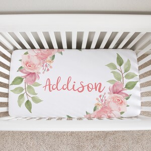 Custom Crib Sheet, Personalized Floral Crib Sheet, Pink Floral Crib Sheet, Baby Girl Crib Sheet, Watercolor Floral Crib Bedding