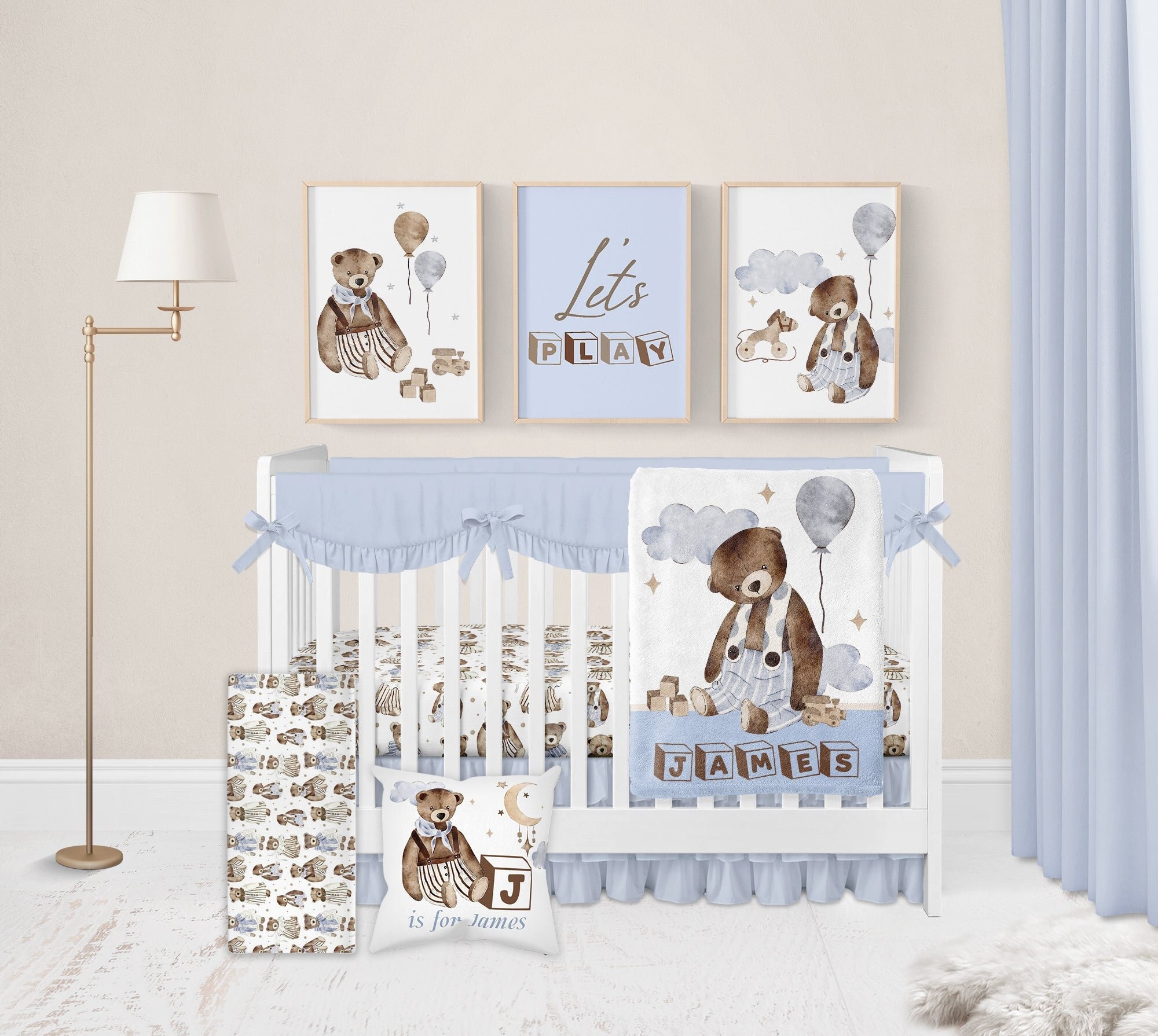Baby Boy Crib Bedding Set, Teddy Bear Crib Bedding Set, Blue Baby