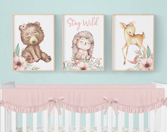 Woodland Nursery Prints, Girl Woodland Nursery Wall Decor, Woodland Nursery Decor Set of 3 Prints, Woodland Animal Prints Girl Nursery Decor