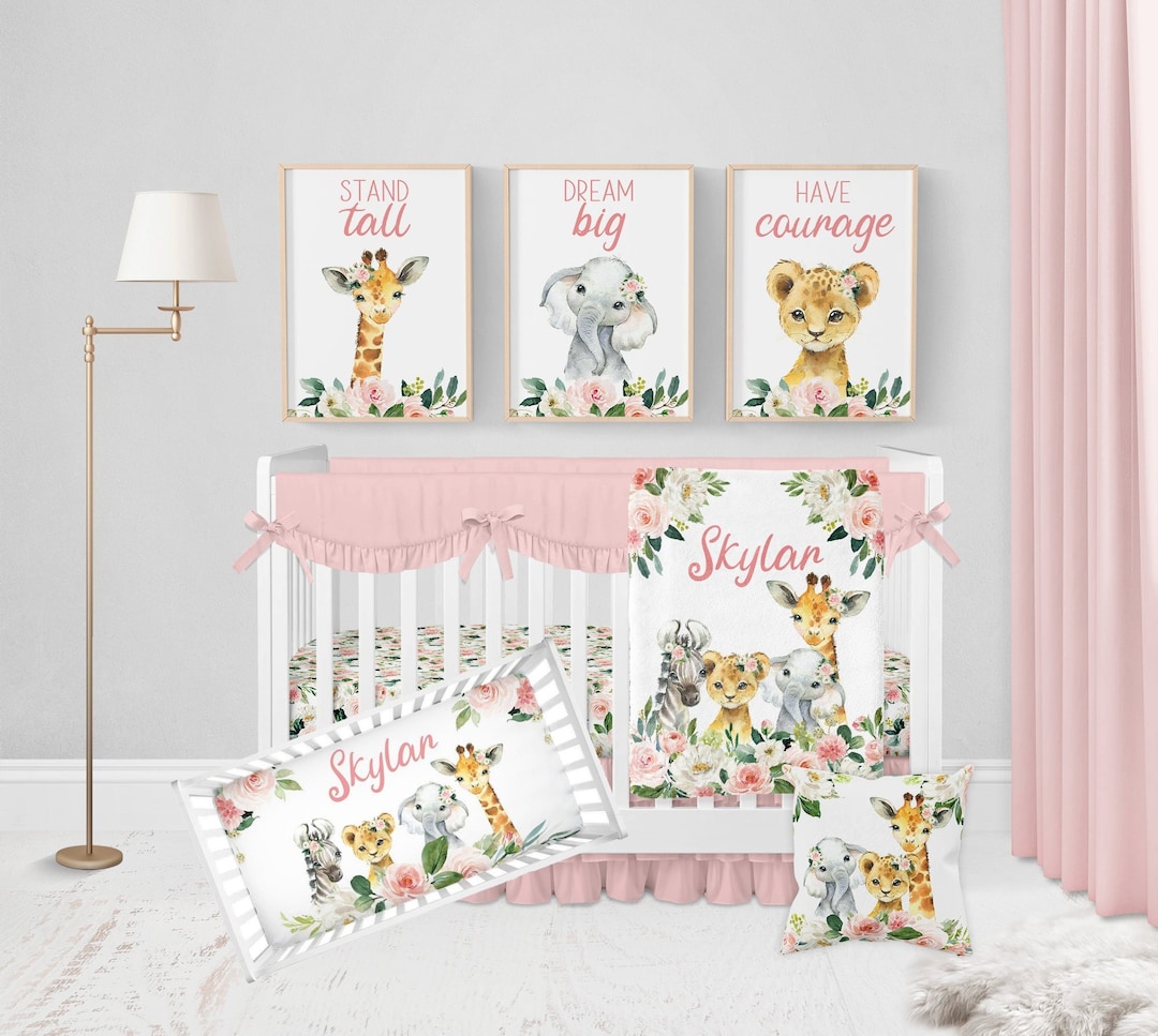 Safari Crib Bedding Set, Baby Girl Nursery Bedding Set, Pink Floral Crib Bedding, Safari Animal