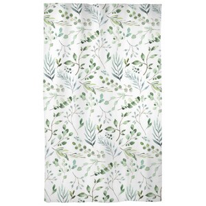 May include: White shower curtain with a watercolor pattern of green and blue-green leaves and branches. The botanical design features various leaf shapes and sizes, creating a natural, organic aesthetic.
