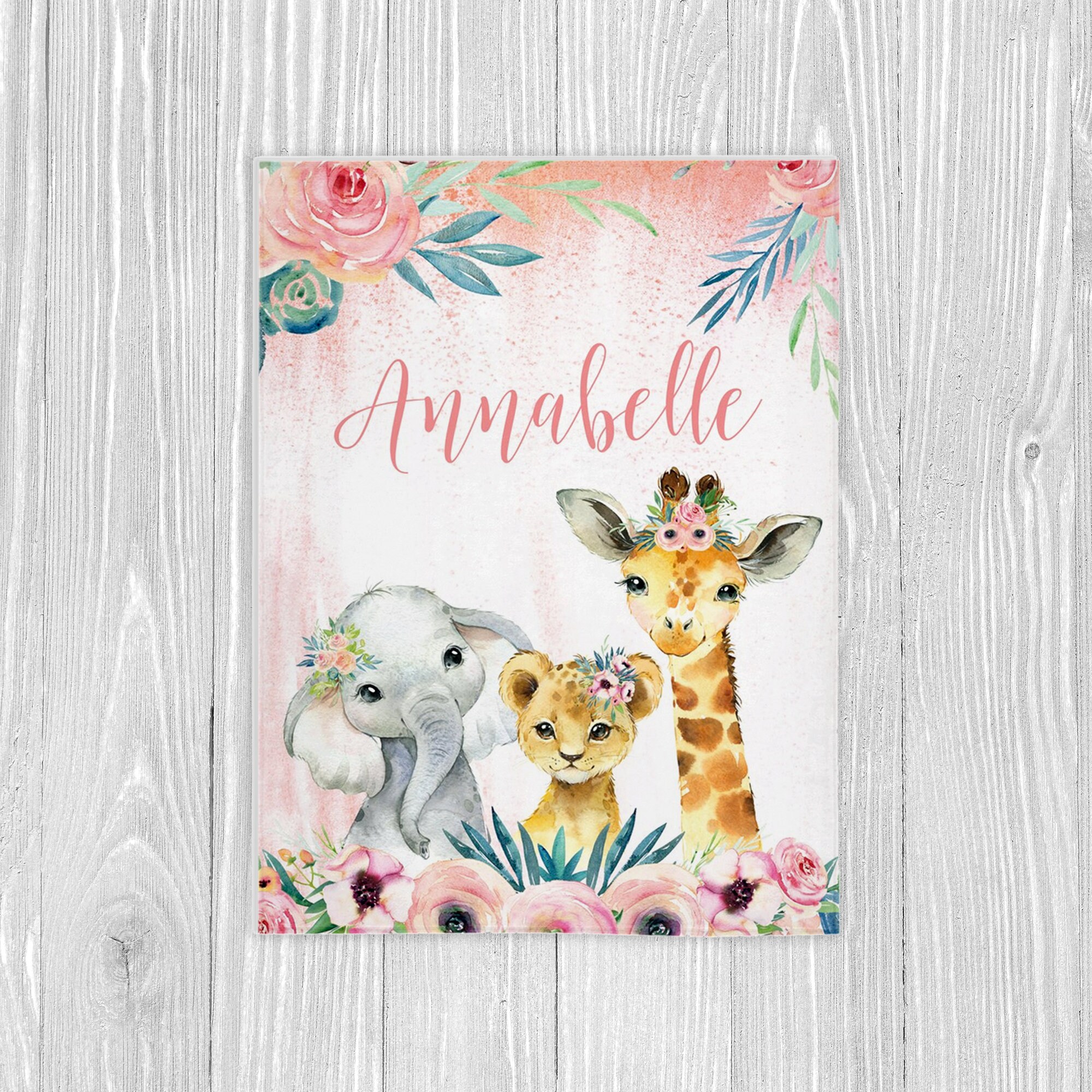 Floral Safari Animals Baby Girl Blanket, Personalized Girl Blanket ...