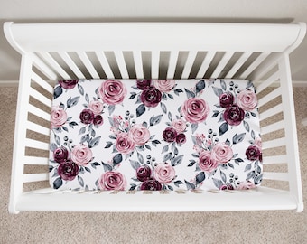 Floral Crib Sheet, Floral Crib Bedding, Crib Sheets Girl, Rose Floral Nursery, Baby Girl Bedding, Pink, Purple, Mauve, Girl Nursery Bedding