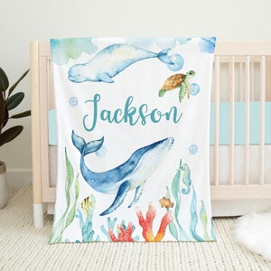 Under The Sea Baby Blanket, Personalized Baby Boy Blanket, Baby Name Blanket, Under The Sea Nursery Ocean Crib Bedding, Baby Shower Gift Boy