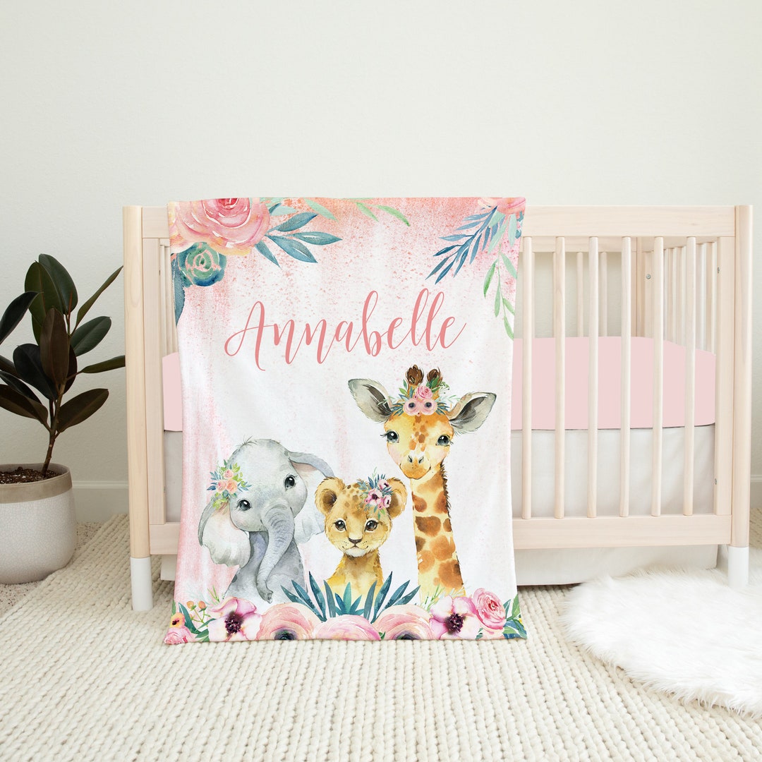 Floral Safari Animals Baby Girl Blanket, Personalized Girl Blanket ...