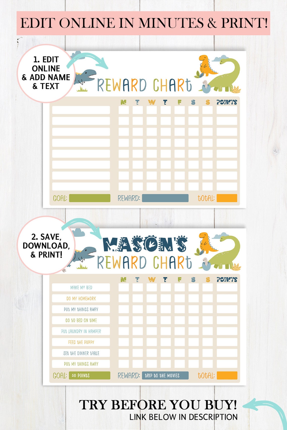 Editable Dinosaur Reward Chart, Printable Dinosaur Chore Chart for Kids ...