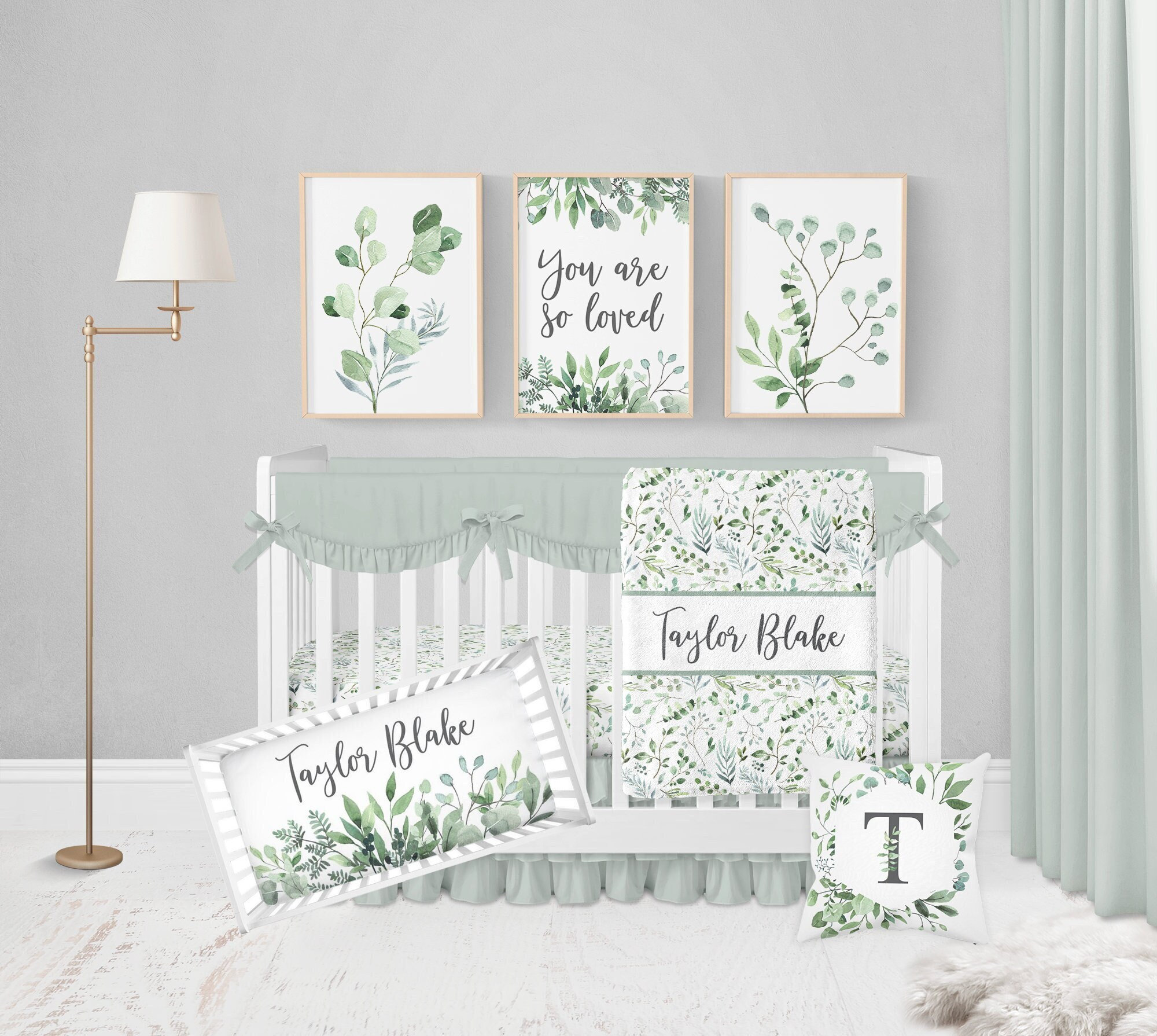 Greenery Crib Bedding Set, Gender Neutral Crib Bedding, Greenery