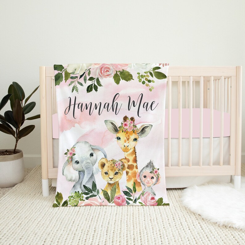 Safari Animals Floral Baby Girl Blanket, Personalized Girl Blanket ...