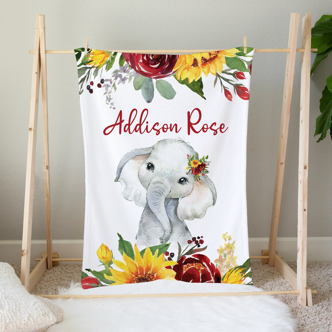 Personalized Elephant Baby Blanket, Floral Baby Blanket, Baby Girl