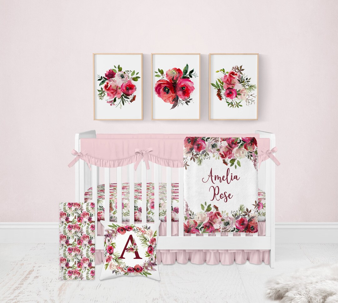 Floral Crib Bedding Set Burgundy Purple and Pink Flower Etsy