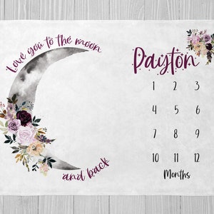 Moon Milestone Blanket Girl, To The Moon And Back Baby Milestone Blanket, Baby Shower Gift, Personalized Moon Month Blanket, Purple Floral