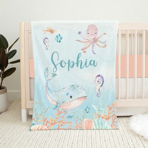 Coperta per neonati Under The Sea, coperta personalizzata per neonata, coperta con nome per neonato, biancheria da letto per culla Under The Sea Nursery Ocean, regalo per baby shower