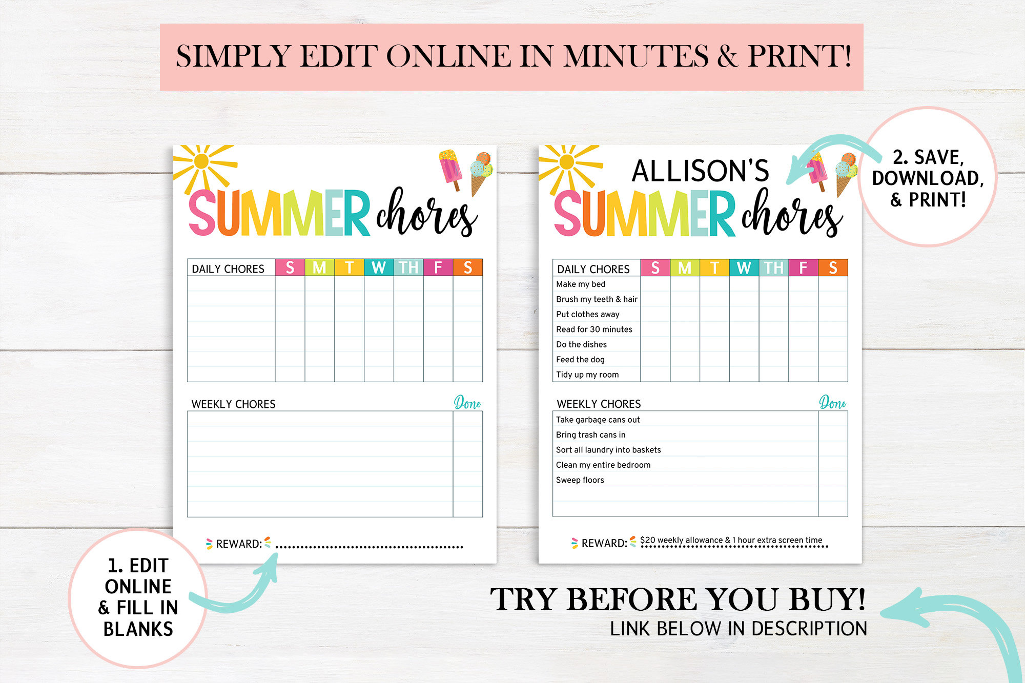 Editable Summer Chore Chart for Kids, Kids Chore Chart Printable, Daily ...