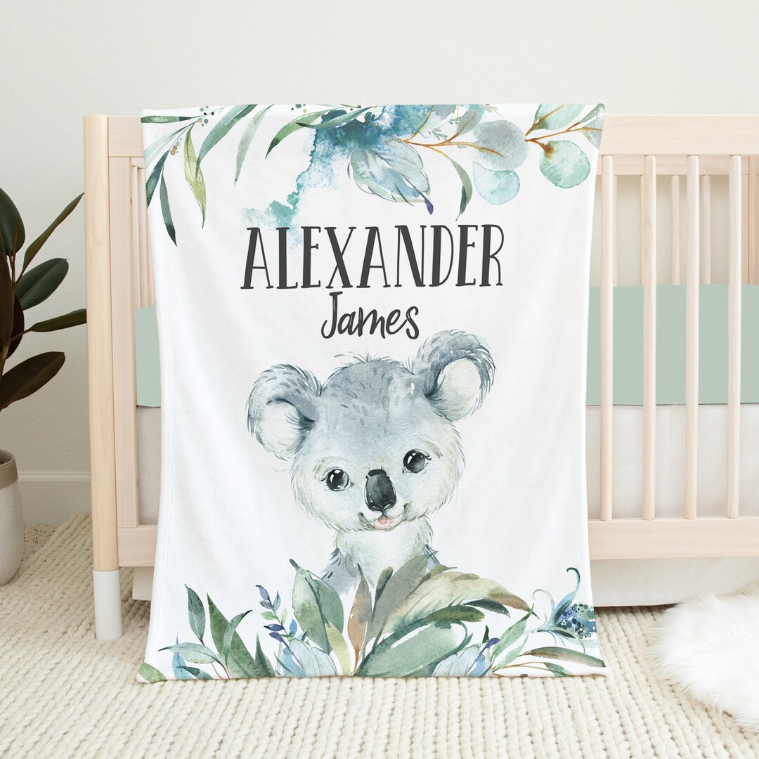 Koala Baby Blanket, Personalized Baby Boy Blanket, Koala Crib Bedding