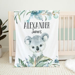 Koala Baby Blanket, Personalized Baby Boy Blanket, Koala Crib Bedding, Baby Name Blanket, Baby Shower Gift, Safari Blanket, Koala Nursery