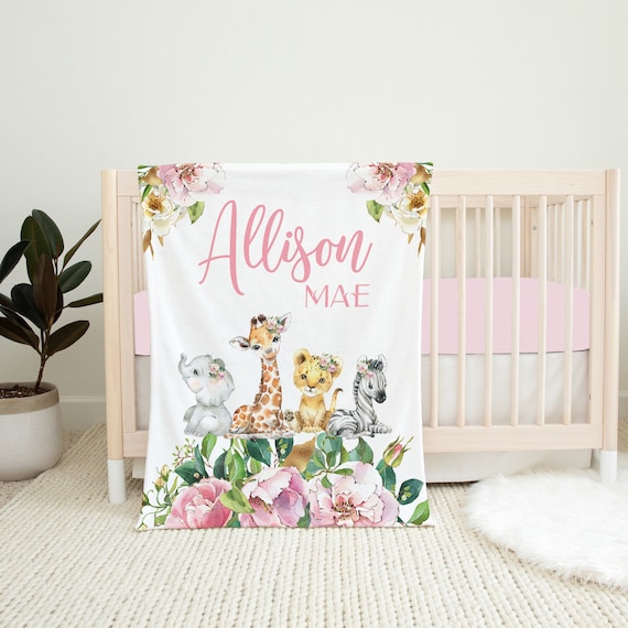 Personalized Safari Baby Blanket Pink Floral Safari Animals Baby Girl Blanket Baby Shower Gift Baby Name Blanket Safari Crib Bedding Etsy Canada