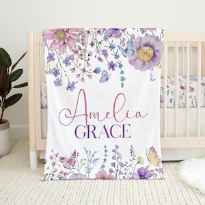 Personalized Baby Girl Blanket, Wildflower Baby Blanket Girl, Wildflower Baby Girl Nursery, Baby Shower Gift, Wildflower Crib Bedding Girl