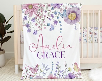 Personalized Baby Girl Blanket, Wildflower Baby Blanket Girl, Wildflower Baby Girl Nursery, Baby Shower Gift, Wildflower Crib Bedding Girl