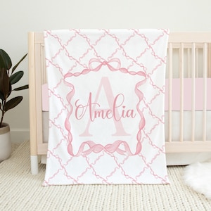 Manta personalizada para niña, manta para bebé con lazo rosa, regalo para baby shower, ropa de cama para cuna rosa para niña, ropa de cama para guardería con lazo rosa para niña, guardería rosa