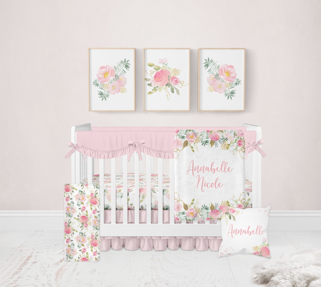 Pink Floral Crib Bedding Set, Girl Nursery Bedding Set, Pink and Gold