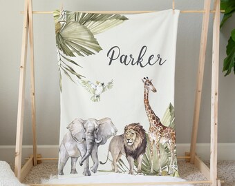 Coperta per neonati Safari personalizzata, biancheria da letto per culla Safari, coperta per neonati con animali Safari, regalo per baby shower, coperta con nome per neonati, cameretta Safari