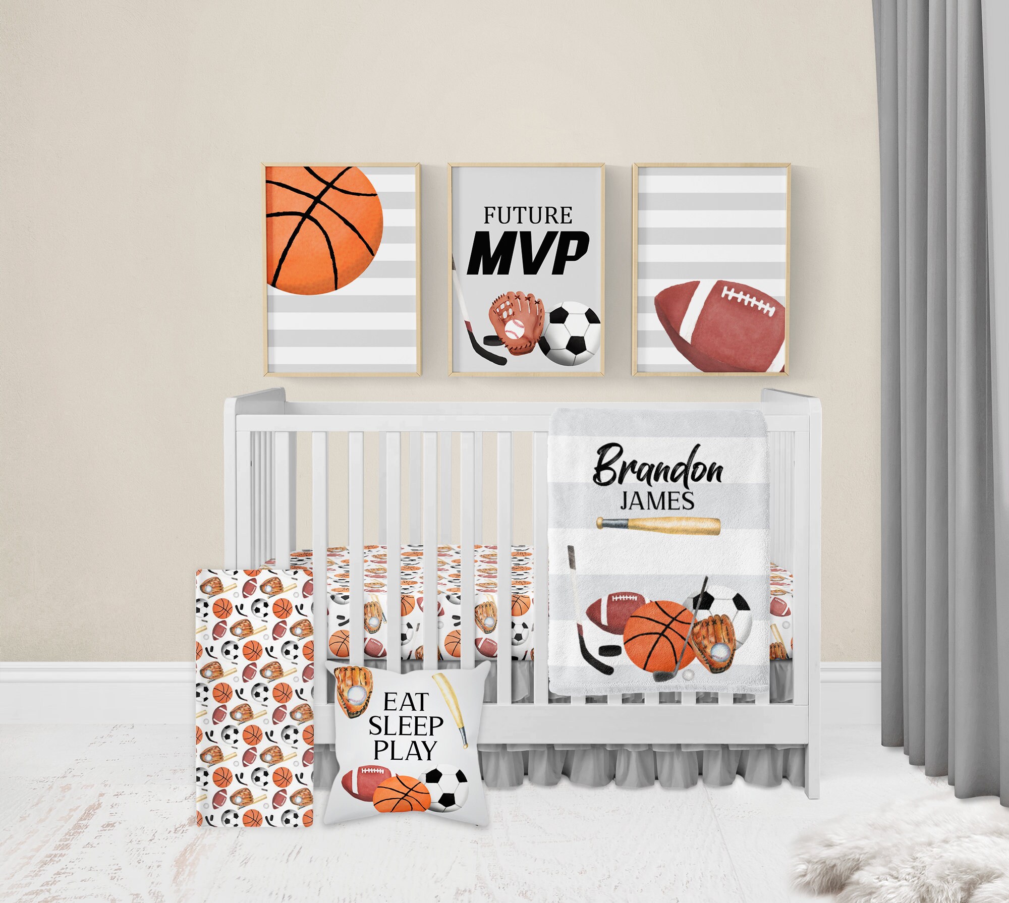 Personalized Sports Crib Sheet, Sports Crib Bedding, Sports Nursery