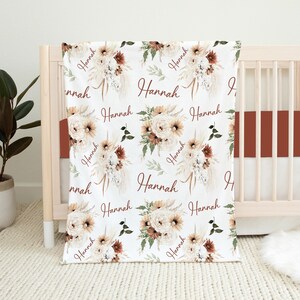 Personalized Boho Floral Baby Blanket, Custom Baby Name Blanket, Baby Girl Blanket, Baby Girl Personalized Shower Gift, Boho Baby Blanket