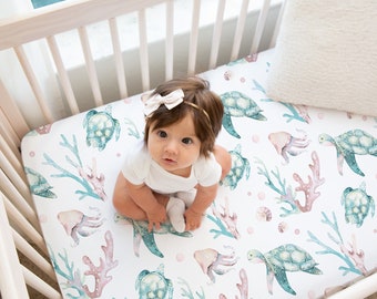 Ocean Crib Sheet, Sea Turtle Crib Sheet, Crib Sheets Girl, Sea Turtle Nursery, Ocean Nursery, Ocean Crib Bedding, Baby Girl Crib Bedding