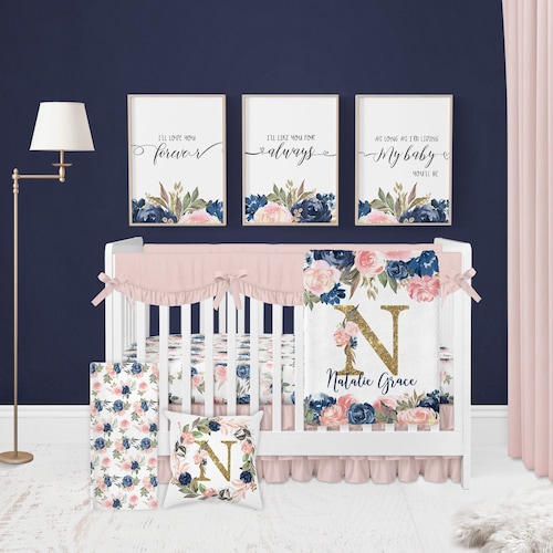Navy and Blush Pink Floral Crib Sheet Crib Sheets Girl Etsy