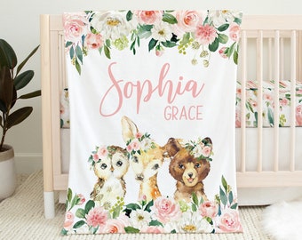Personalized Woodland Baby Blanket, Baby Girl Blanket, Baby Shower Gift, Woodland Crib Bedding, Girl Crib Bedding, Pink Floral Baby Blanket