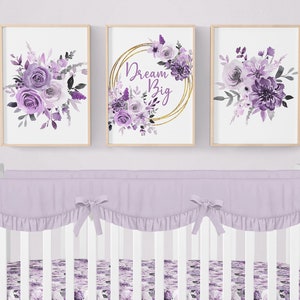 Purple Floral Nursery Prints, Floral Nursery Decor, Set of 3 Prints, Dream Big, Purple and Gold, Girl Nursery Decor, Floral Nursery Wall Art