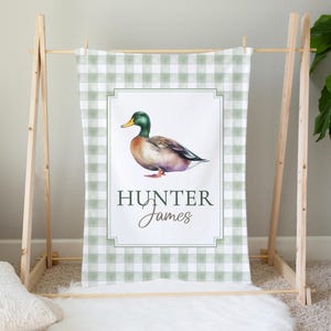 Personalized Mallard Duck Baby Blanket, Green Gingham Baby Blanket, Baby Boy Blanket, Baby Boy Crib Bedding, Mallard Duck Hunting Nursery