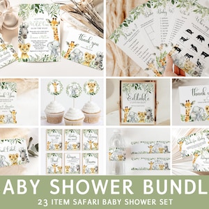 Safari Animals Baby Shower Bundle, Editable Safari Baby Shower Invitation Set, Baby Games, Jungle Baby Shower Decoration Gender Neutral SAB1