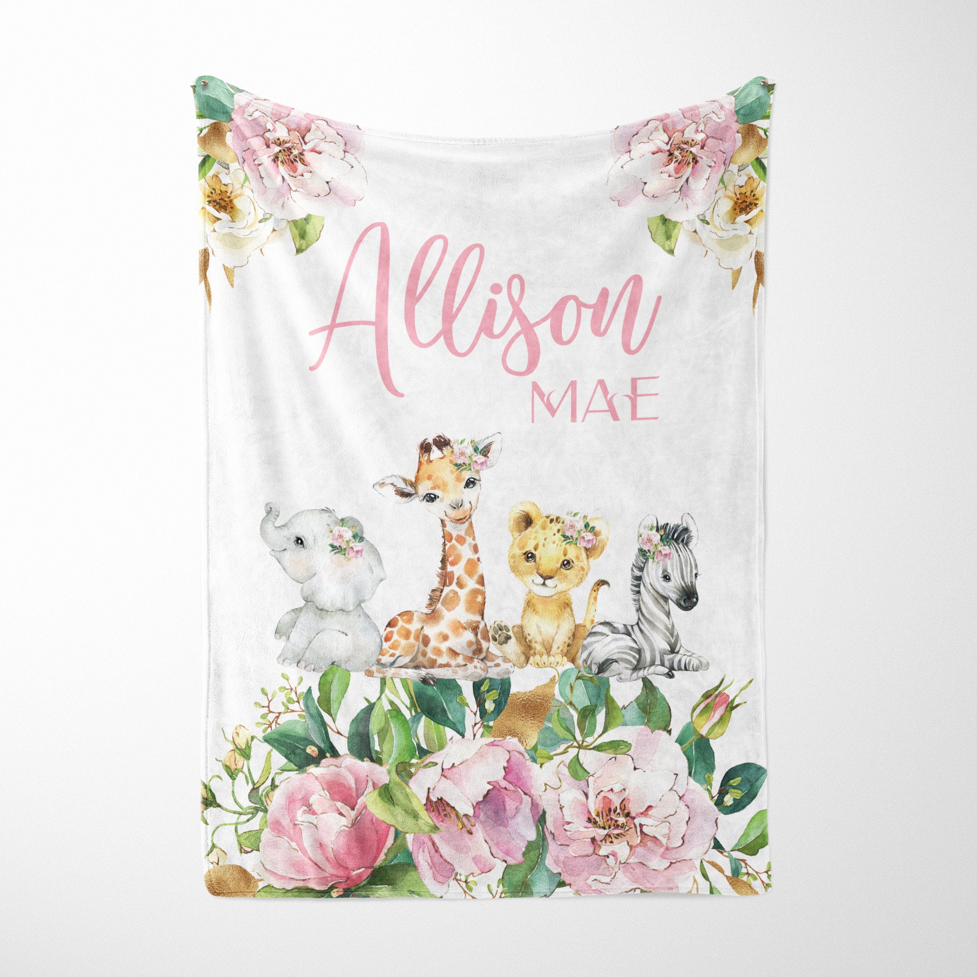 Personalized Safari Baby Blanket Pink Floral Safari Animals - Etsy