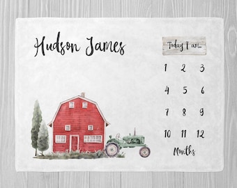 Farm Milestone Blanket, Boy Milestone Blanket, Baby Shower Gift, Personalized Tractor Baby Blanket, Monthly Growth Blanket Tractor Milestone