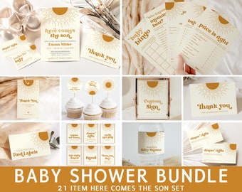 Aí vem o pacote de chá de bebê do filho, pacote editável de convite para chá de bebê Sun, decorações para chá de bebê Sunshine, download instantâneo, SBS3