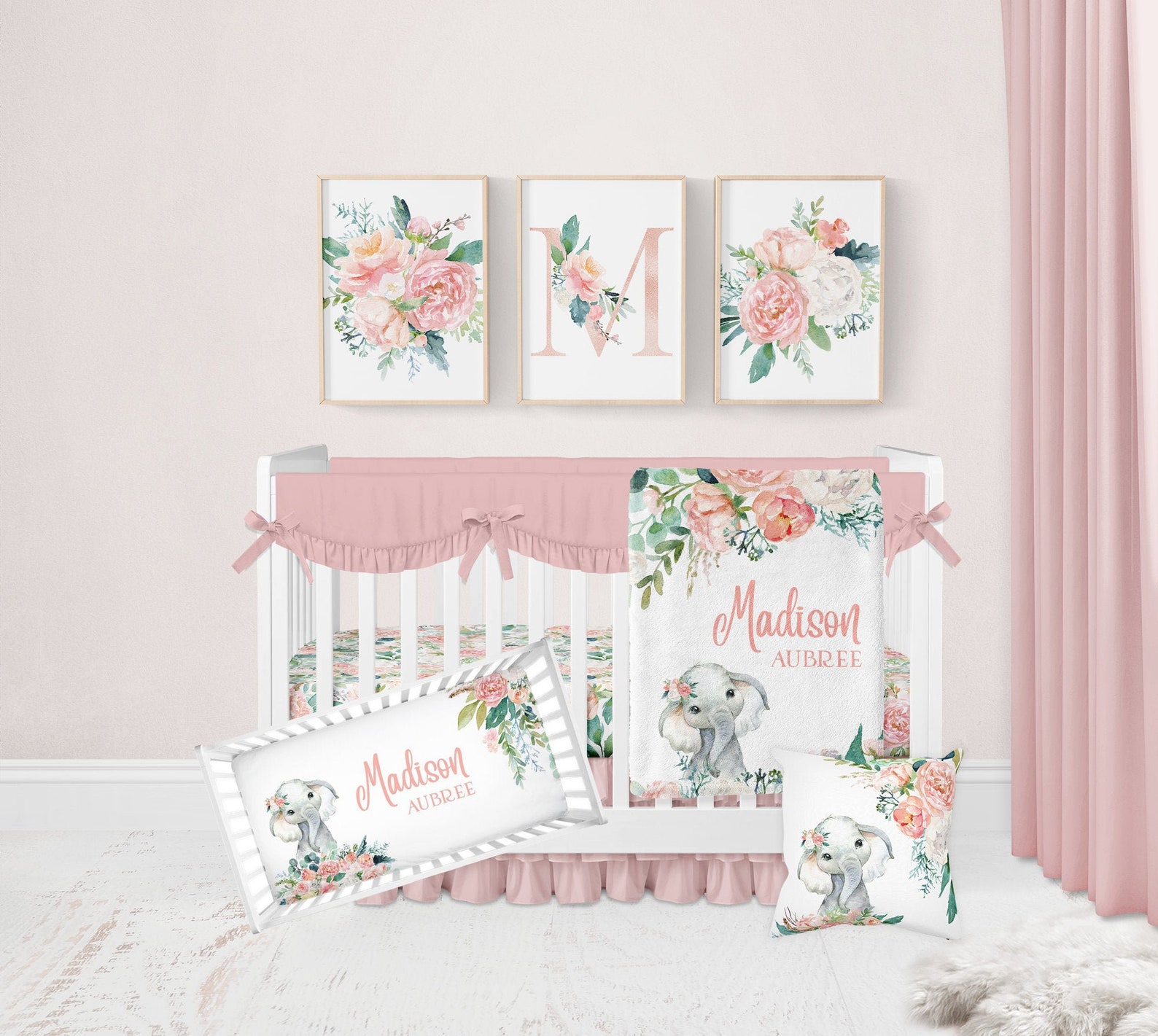 Elephant Baby Bedding Set Floral Crib Bedding Set Girl Etsy