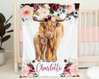 Personalized Cow Baby Blanket, Burgundy Floral Baby Blanket, Baby Girl Blanket, Baby Shower Gift, Highland Cow Baby Blanket Cow Crib Bedding