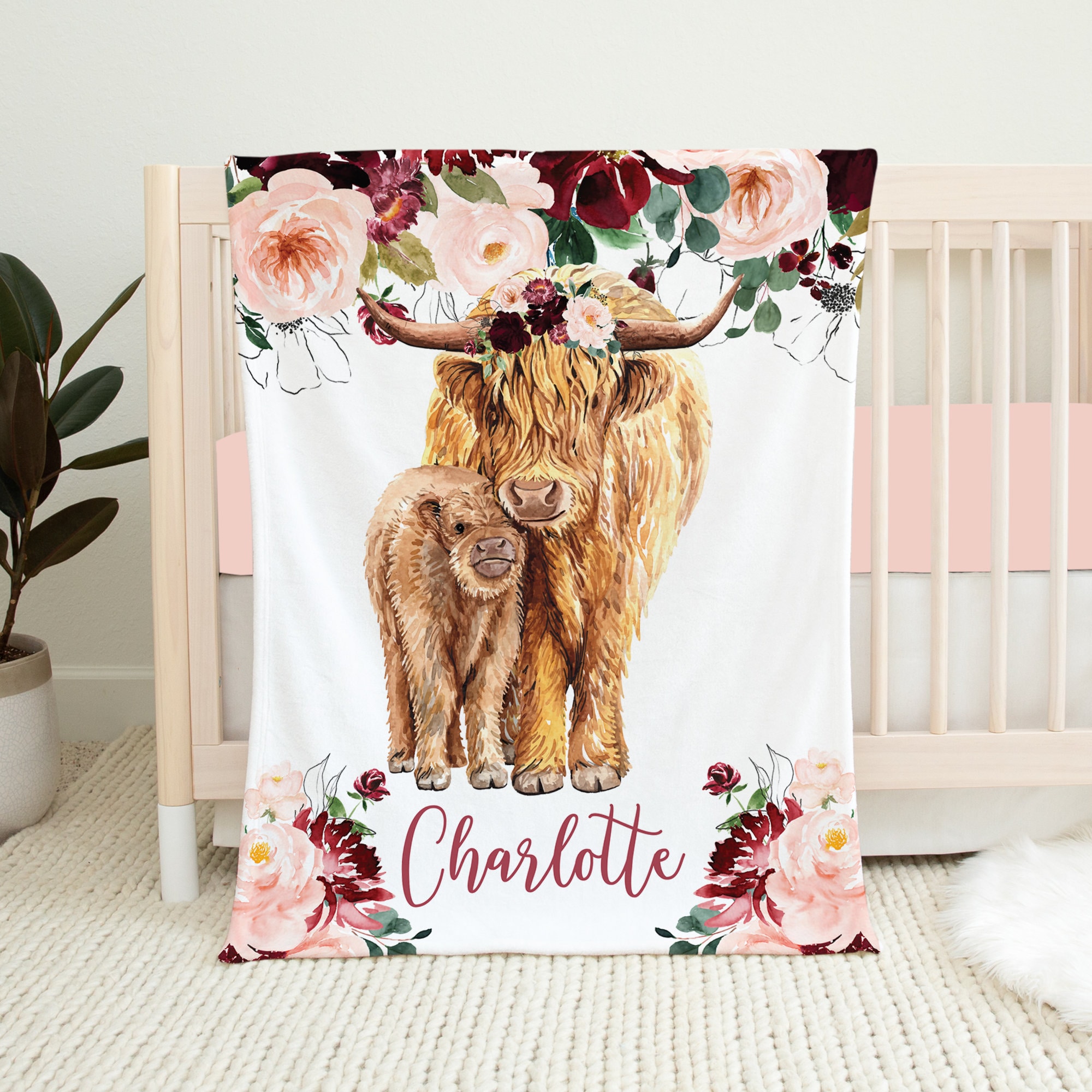 Personalized Cow Baby Blanket Burgundy Floral Baby Blanket Etsy